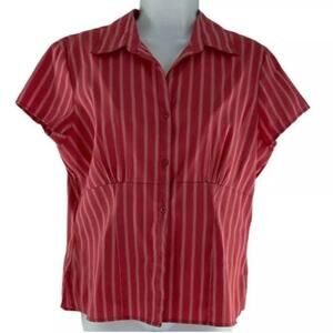 Stretch Blouse Shirt Womens M Collared Short Sleeve Button Up Striped Casual